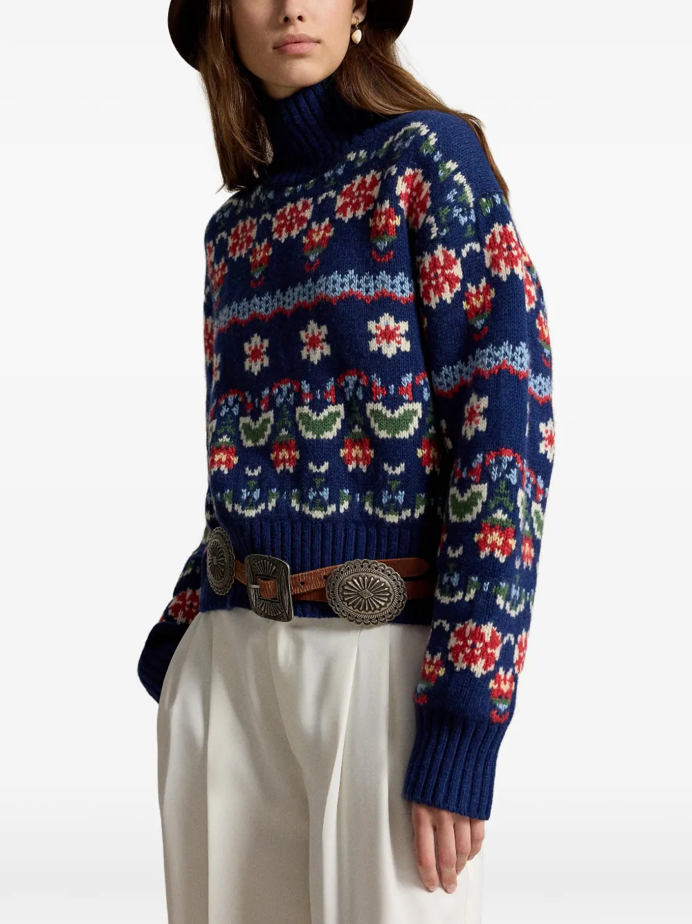 Polo Ralph Lauren Trui met hoge hals en bloemen-intarsia Blauw