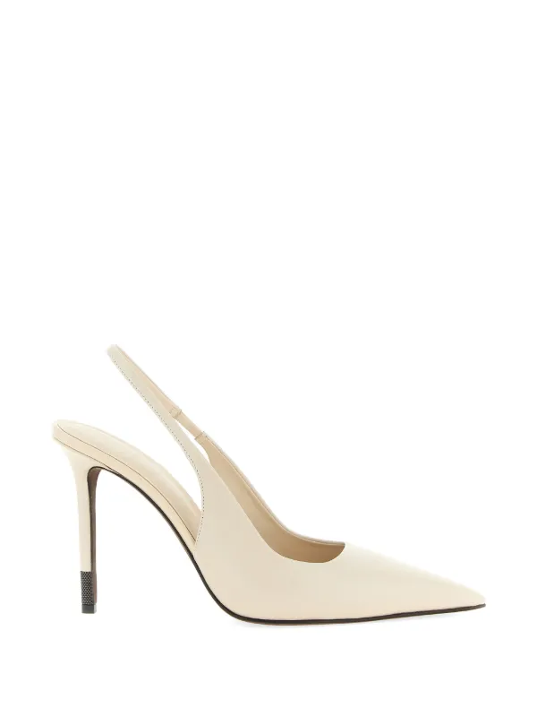 Brunello Cucinelli Calfskin Slingback Heels with Monili in Neutrals