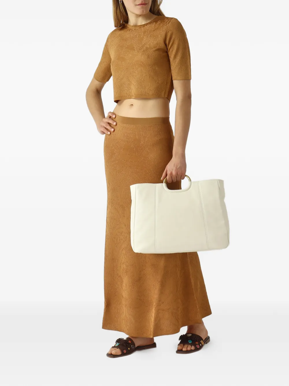 TWINSET Leren shopper met metalen handgreep Beige
