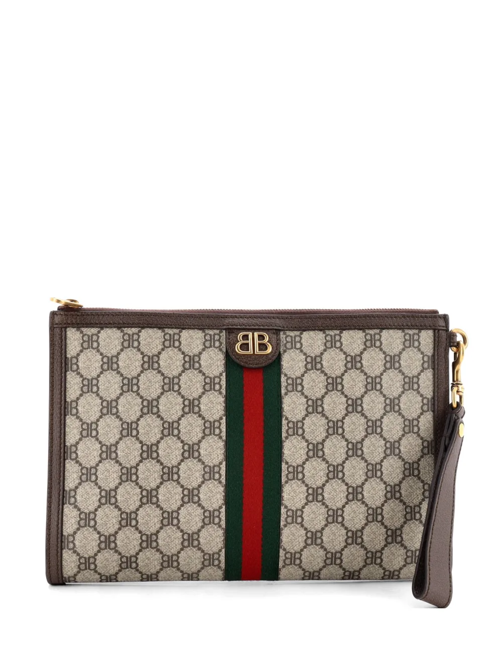 Balenciaga Pre-Owned x Gucci The Hacker Project Web Wristlet BB Coated Canvas clutch bag - Marrone