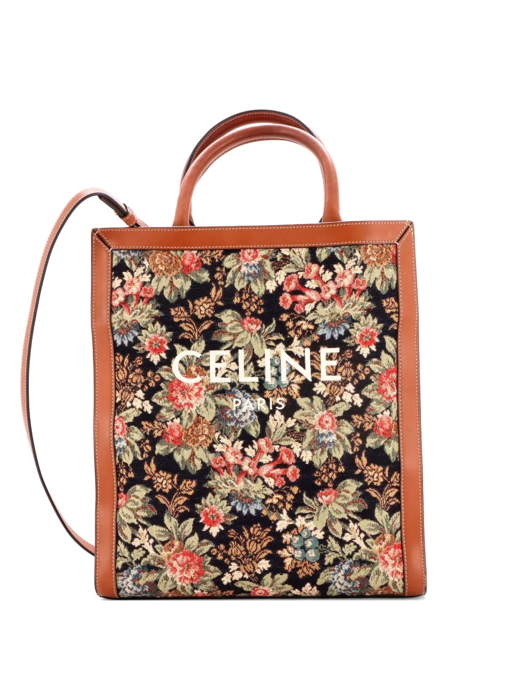 Celine Pre-Owned Vertical Cabas Floral Jacquard with Leather Small tote bag - Marrone