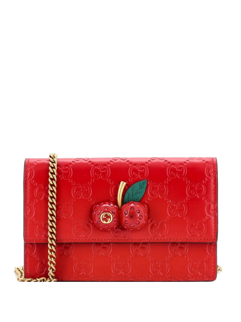 Pre-owned Gucci Cherries Wallet On Chain Ssima Leather Mini Crossbody Bag In Red