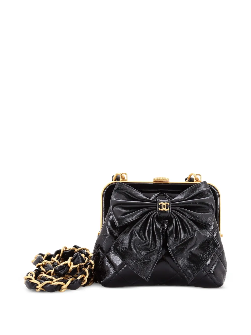 CHANEL Pre-Owned Bow Frame Clutch With Chain Quilted Patent with Lambskin Mini crossbody bag - Nero