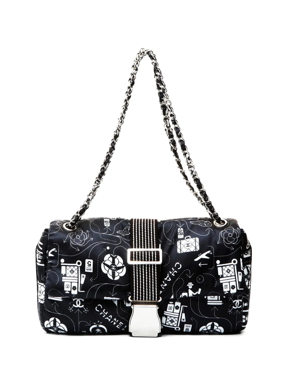 CHANEL Pre-Owned 2015-2016 Airplane No. 22 icon print flap shoulder bag - Nero