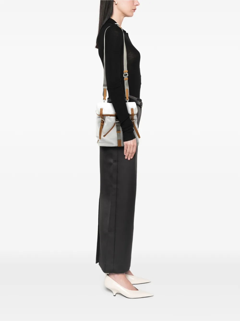  Prada Pre-owned 2013-2025 Saffiano Trimmed Tessuto Triple Buckle Messenger Bag Crossbody Bag - White 