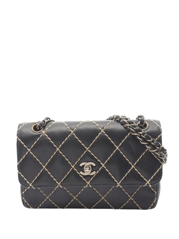 Chanel Pre-owned 2000-2002 CC Wild Stitch Lambskin Flap Shoulder Bag in Black