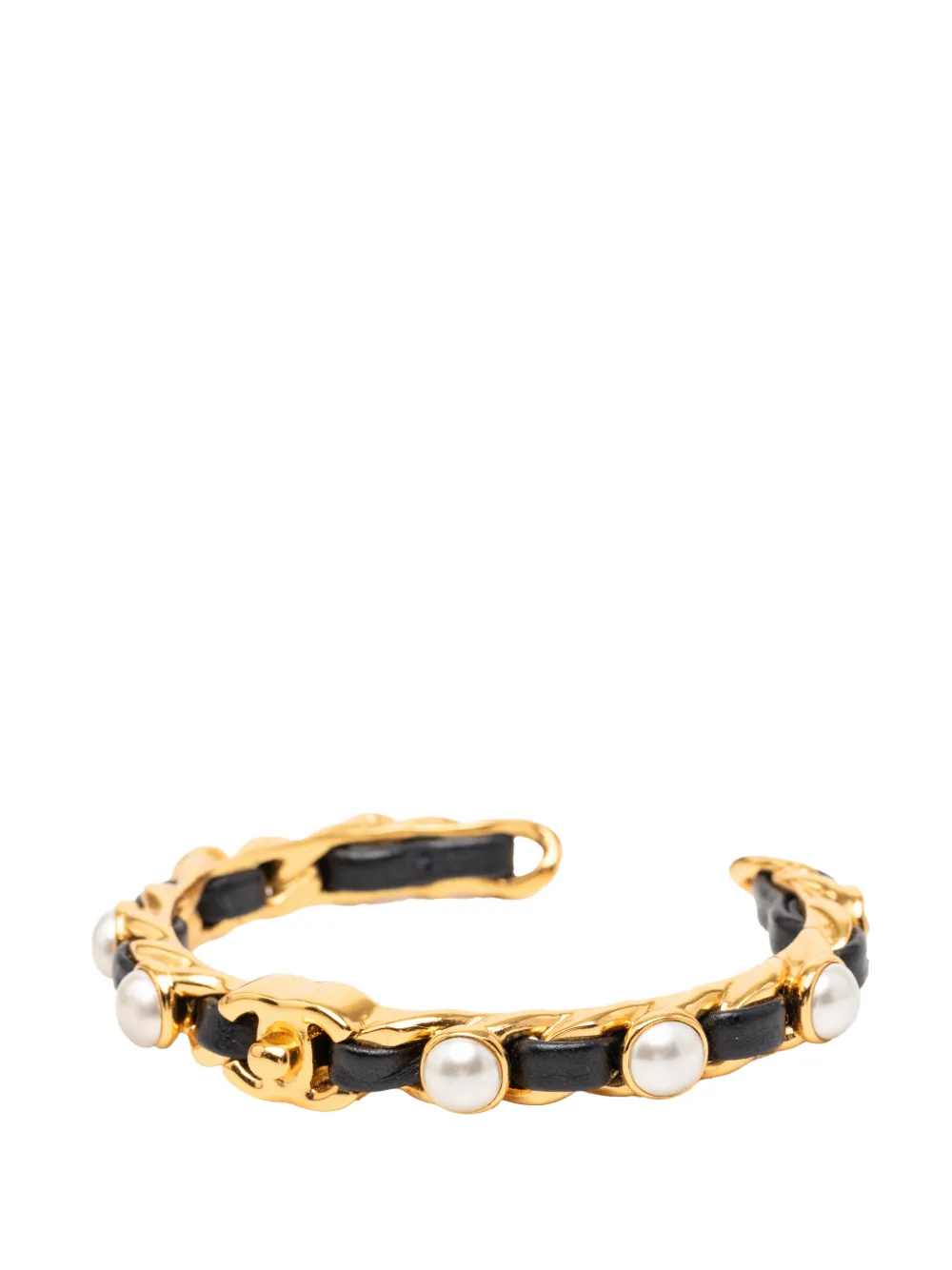  Chanel Pre-owned 2020 Gold Plated Leather Woven In Chain Faux Pearl Cc Turnlock Cuff Bracelet Costume Bracelet - Black 