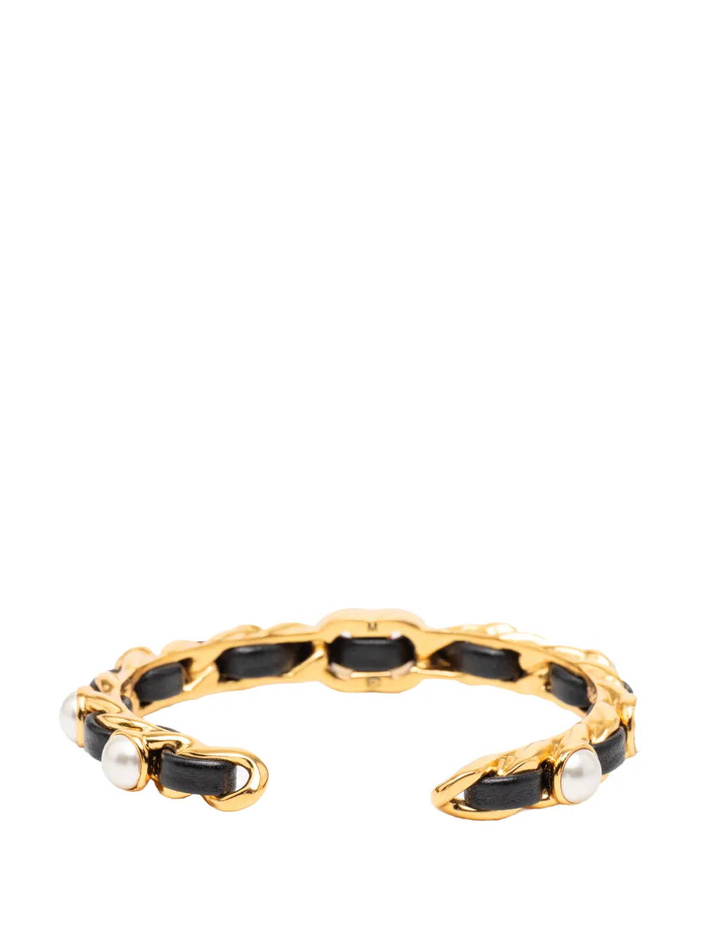  Chanel Pre-owned 2020 Gold Plated Leather Woven In Chain Faux Pearl Cc Turnlock Cuff Bracelet Costume Bracelet - Black 