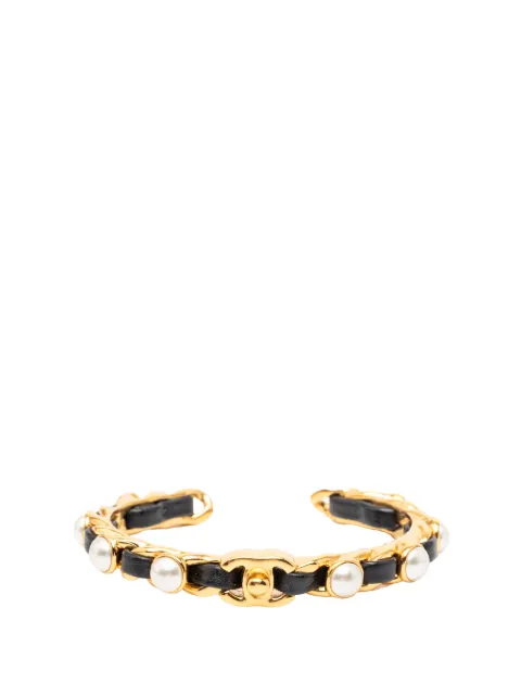 CHANEL Pre-Owned 2020 Gold Plated Leather Woven in Chain Faux Pearl CC Turnlock Cuff Bracelet costume bracelet