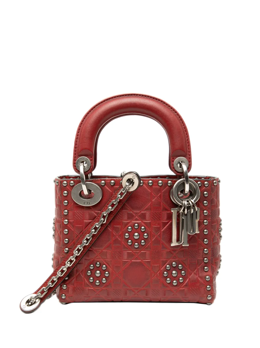 Christian Dior Pre-Owned 2017 Mini Embossed Calfskin Cannage Studded Flower Lady Dior satchel - Rosso