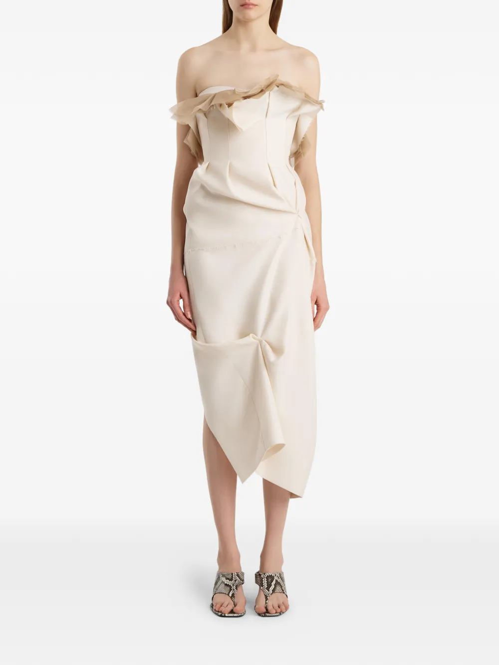 KHAITE Gedrapeerde midi-jurk met tulen afwerking Beige