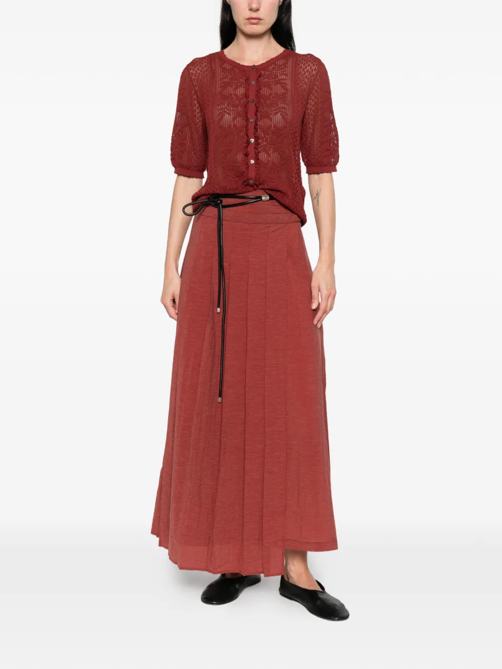  Yerse Perforated Short-sleeved Cardigan - Red 