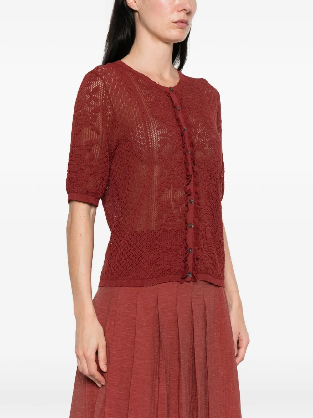  Yerse Perforated Short-sleeved Cardigan - Red 