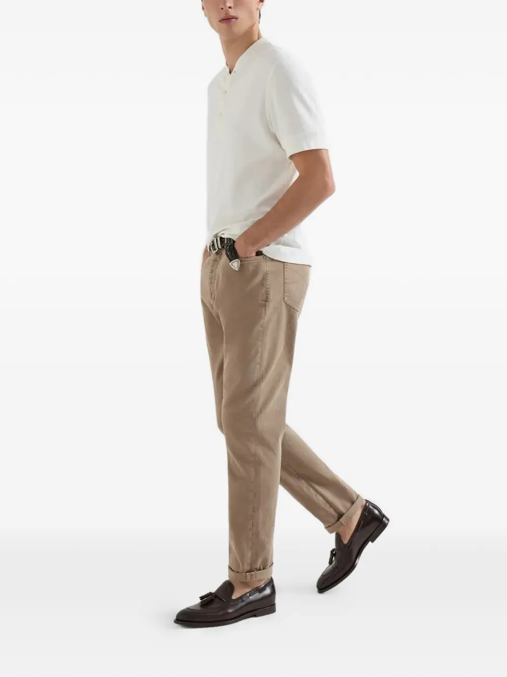  Brunello Cucinelli Iconic Fit Embroidered-logo Trousers - Neutrals 