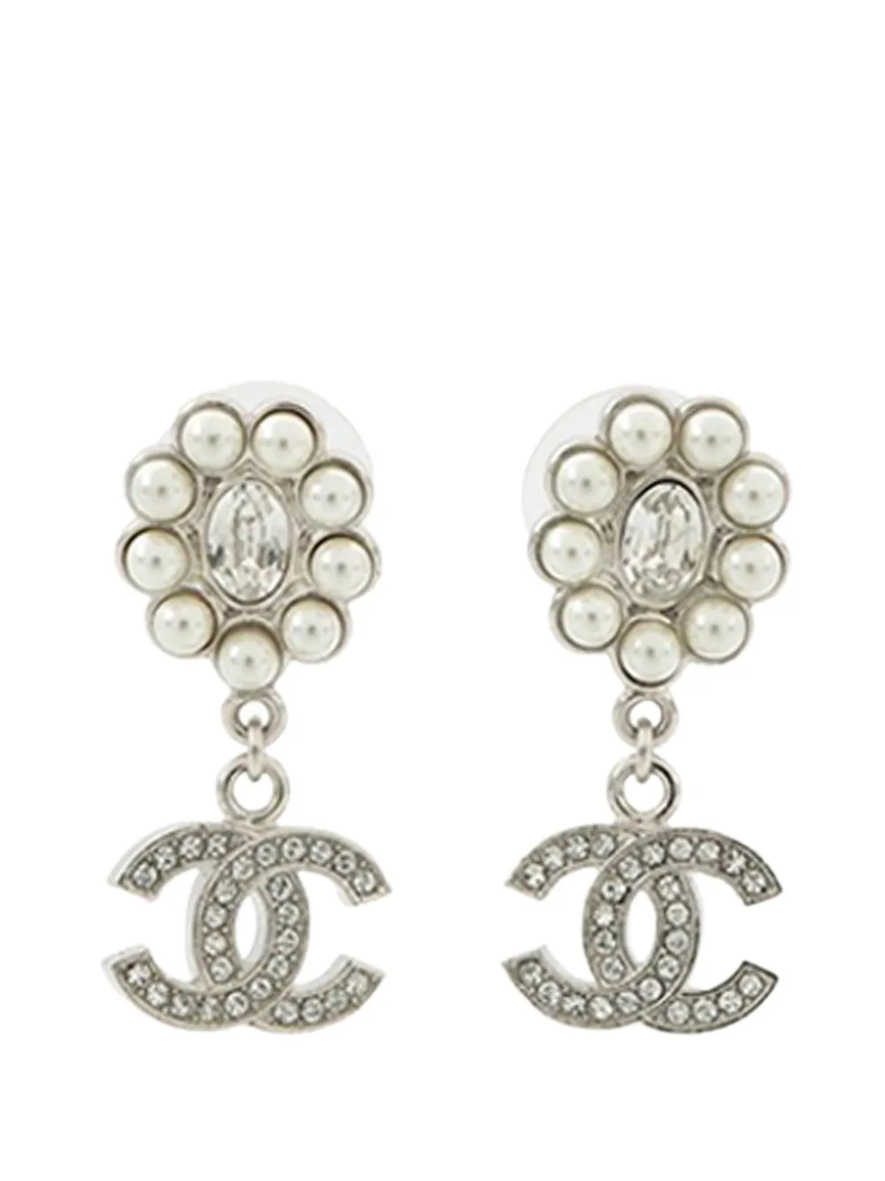 CHANEL Pre-Owned 2023 CC Silver Plated Rhinestones Faux Pearl Dangling Earrings costume earrings - Bianco