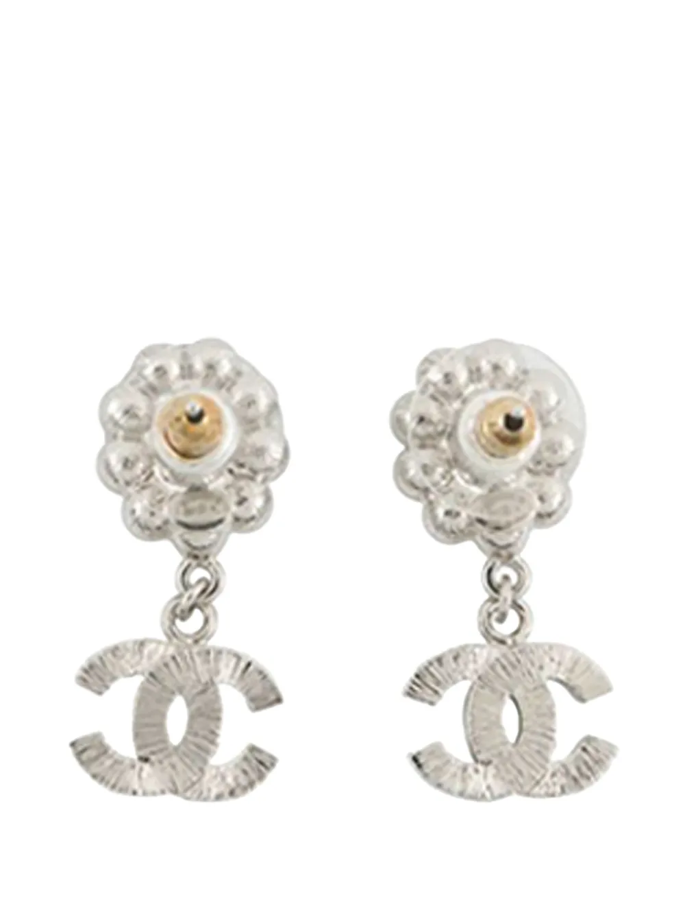  Chanel Pre-owned 2023 Cc Silver Plated Rhinestones Faux Pearl Dangling Earrings Costume Earrings - White 