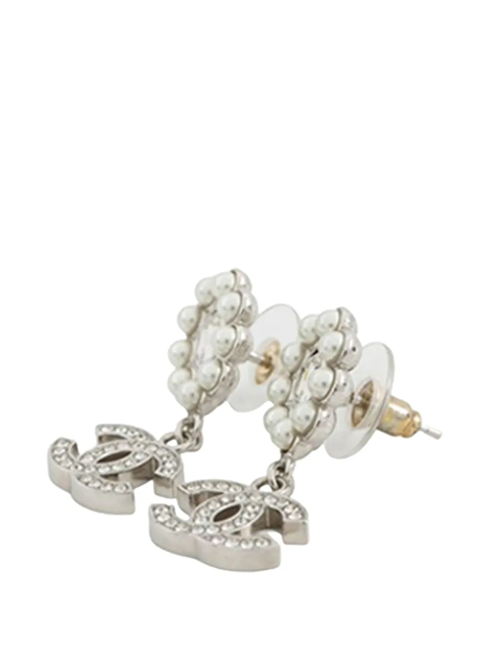  Chanel Pre-owned 2023 Cc Silver Plated Rhinestones Faux Pearl Dangling Earrings Costume Earrings - White 