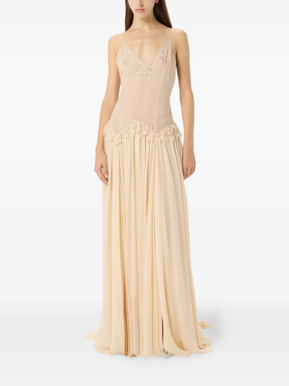 Blumarine Georgette jurk met afwerking van kant Beige