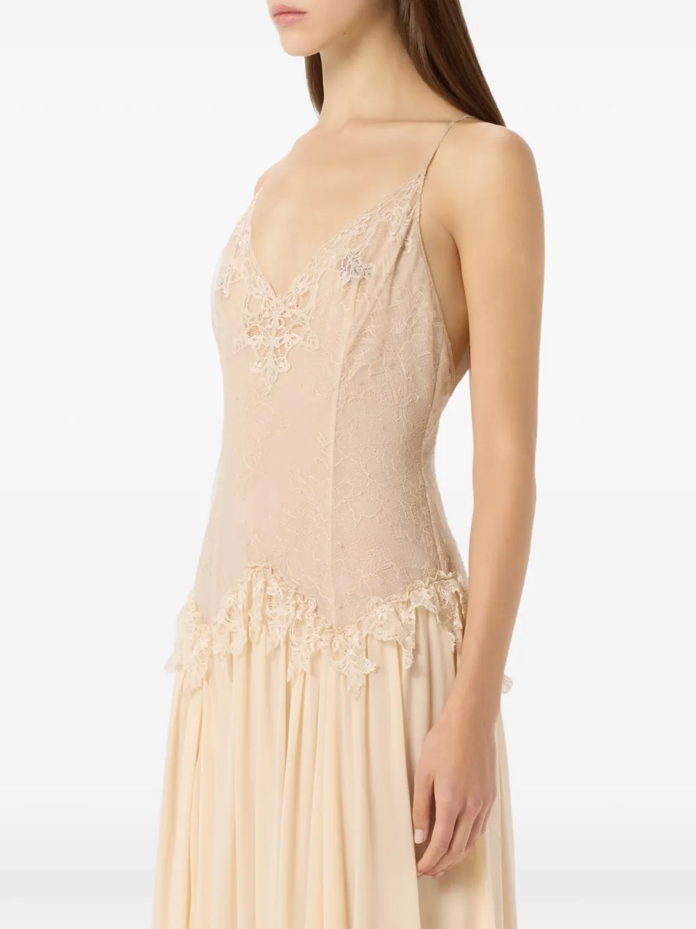 Blumarine Georgette jurk met afwerking van kant Beige