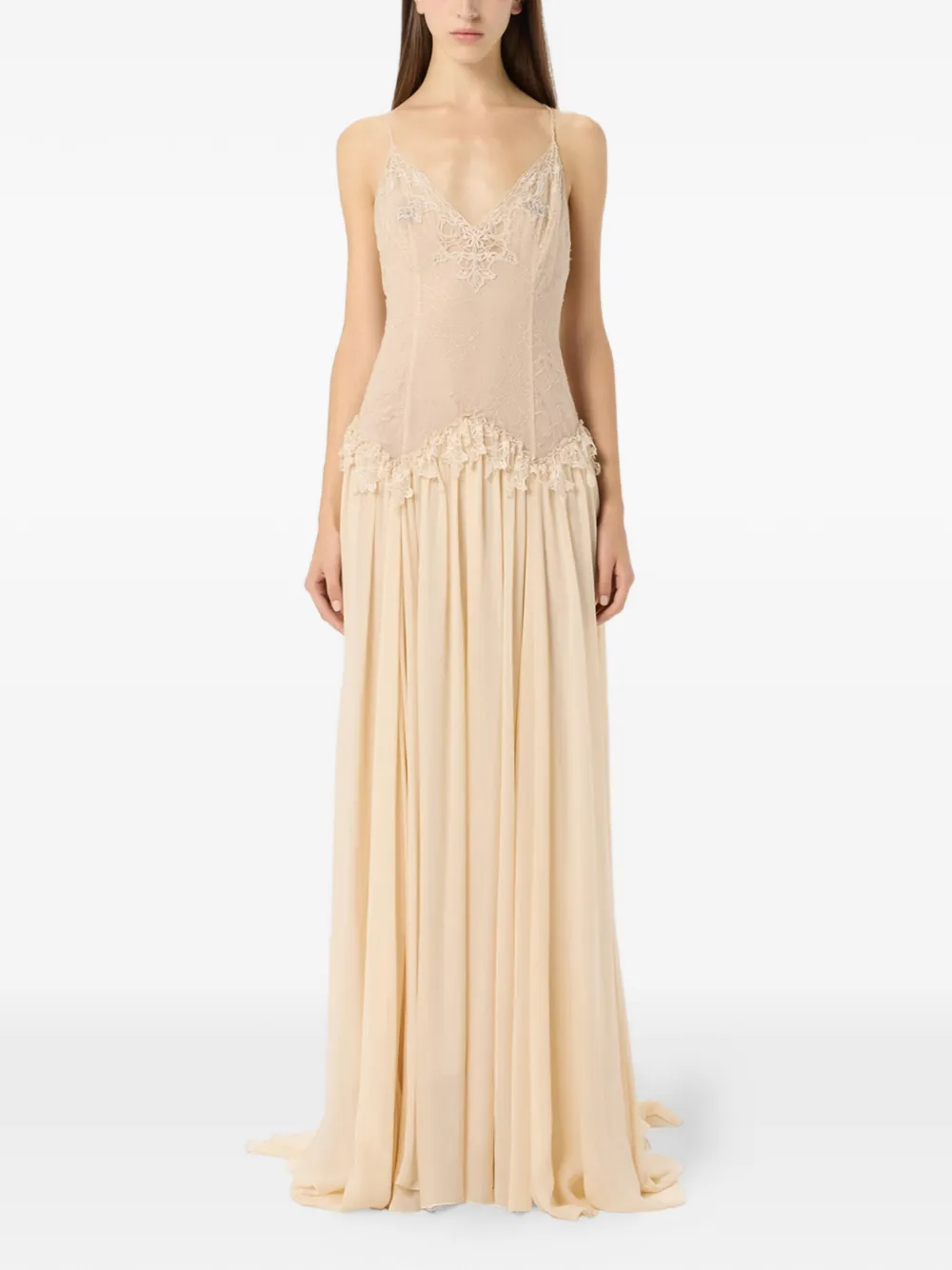 Blumarine Georgette jurk met afwerking van kant Beige