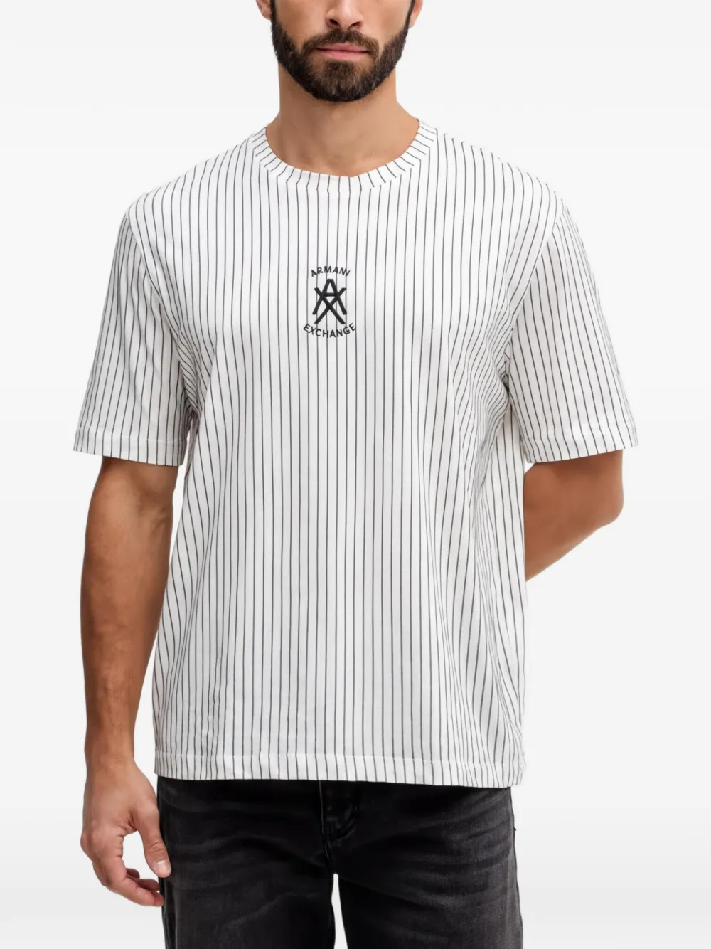 Armani Exchange pinstriped logo-print T-shirt - Bianco