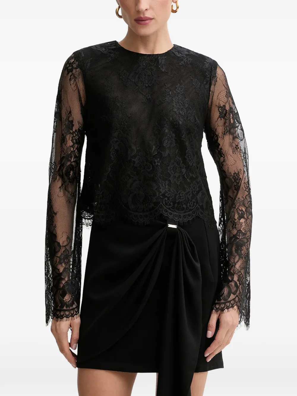 Bardot lace long-sleeve top - Nero