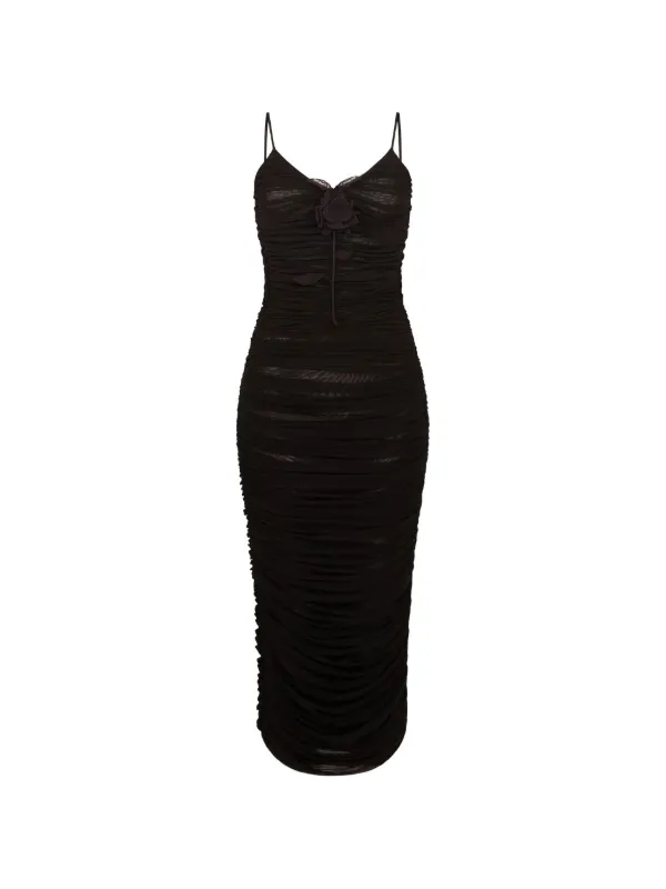 David Koma Lace Rose Embroidered Ruched Midi Dress in Black