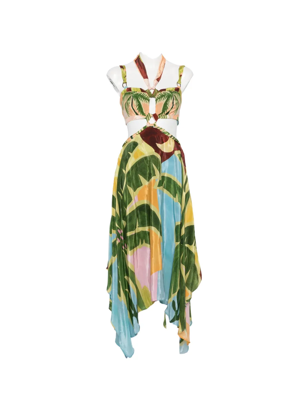 FARM Rio tropical-print asymmetric midi dress - Verde