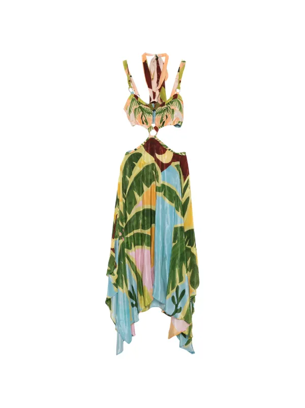 farm rio asymmetrical dress tropical-print Asymmetric Midi | Green Size:Xsmall its square neckline and 6X Halter Neck A-Line Dress