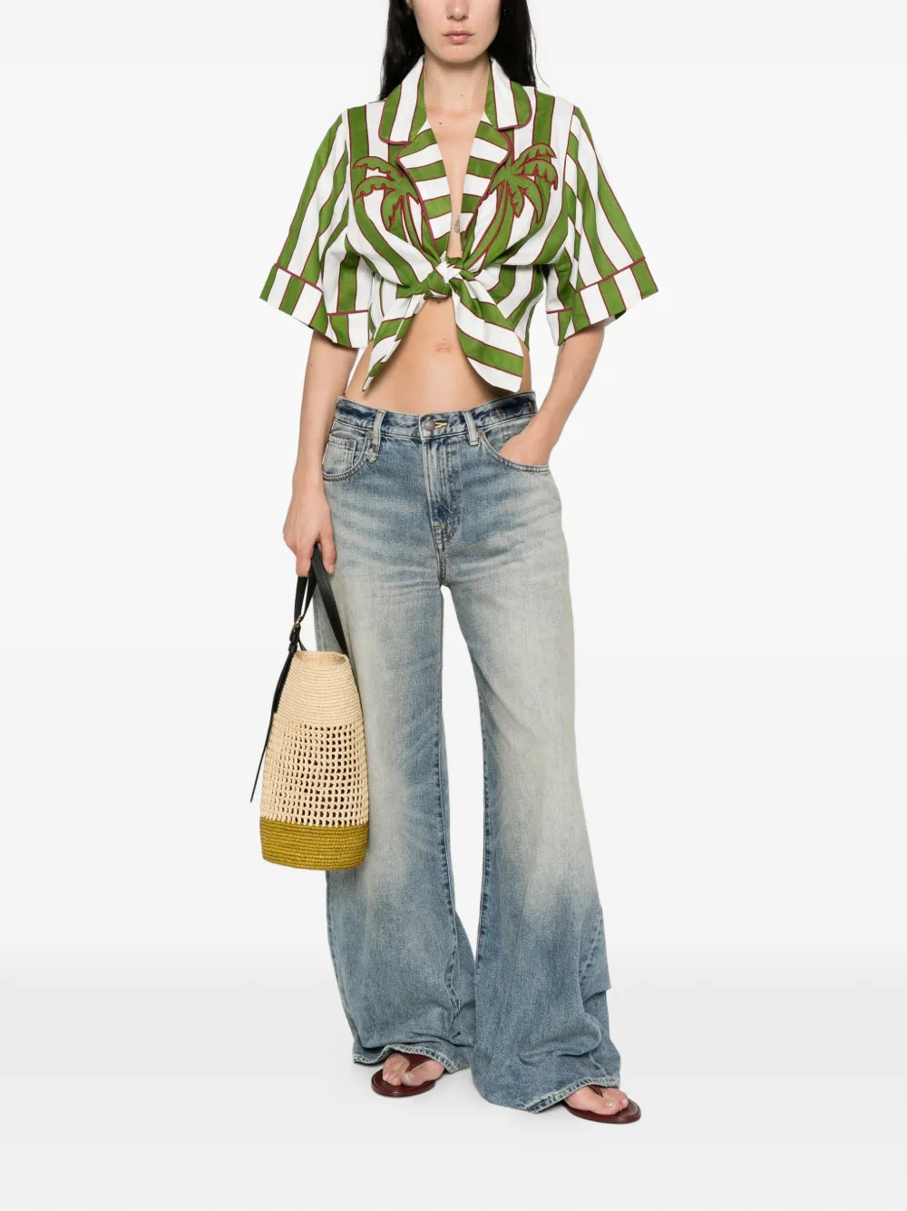  Farm Rio Striped Short-sleeve Cropped Blouse - Green 