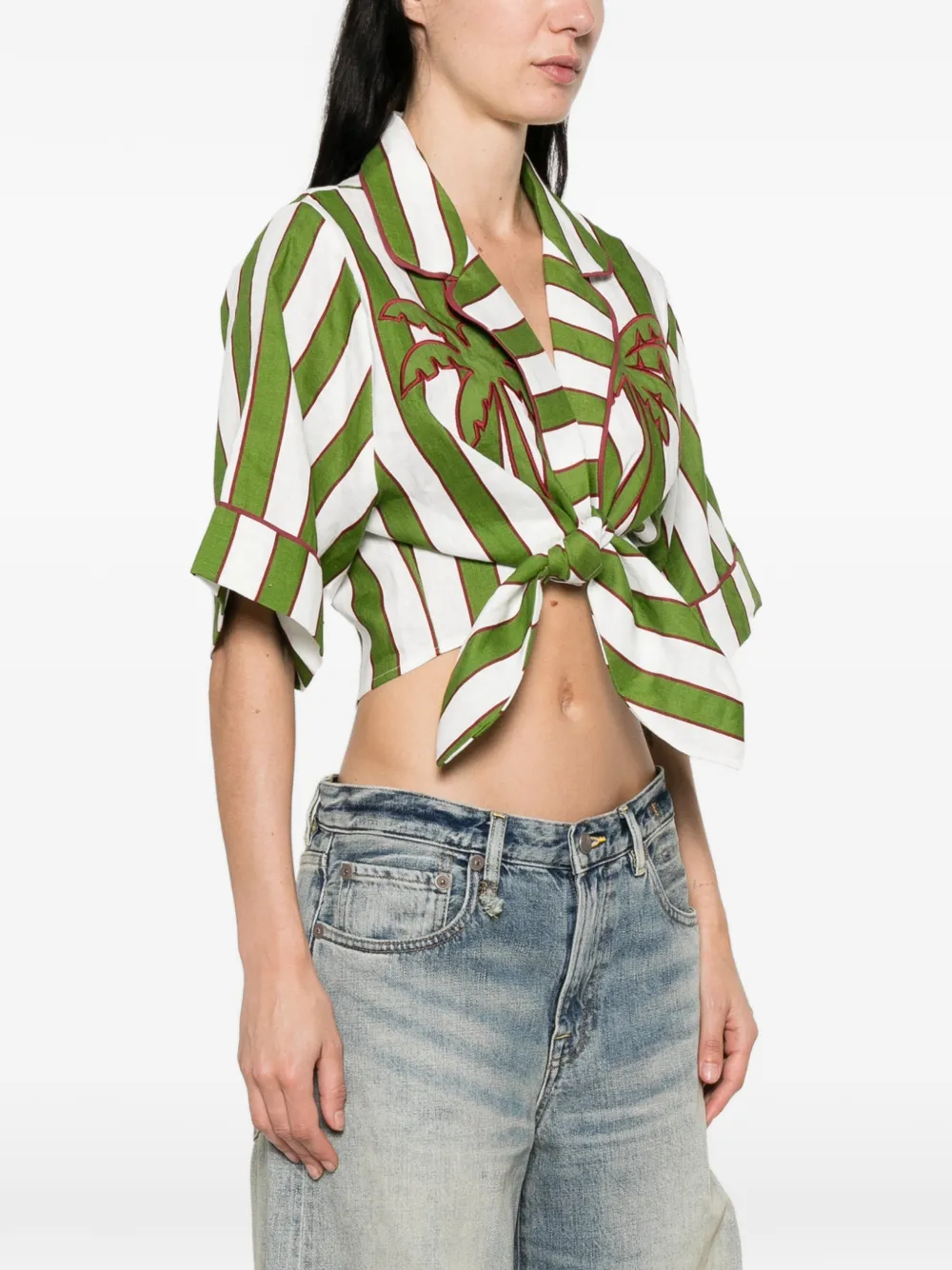  Farm Rio Striped Short-sleeve Cropped Blouse - Green 