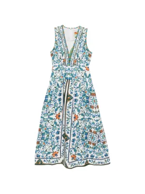 farm rio embroidered front knot dress Tiered embroidered cotton-poplin midi dress - blue
