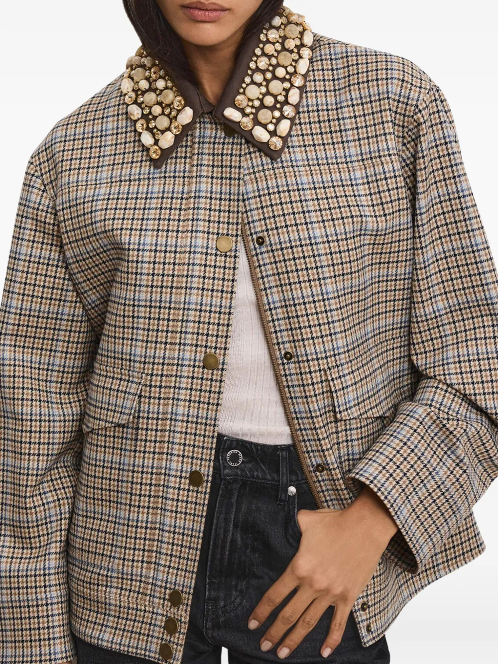  Veronica Beard Kasper Plaid-pattern Embellished-collar Jacket - Neutrals 