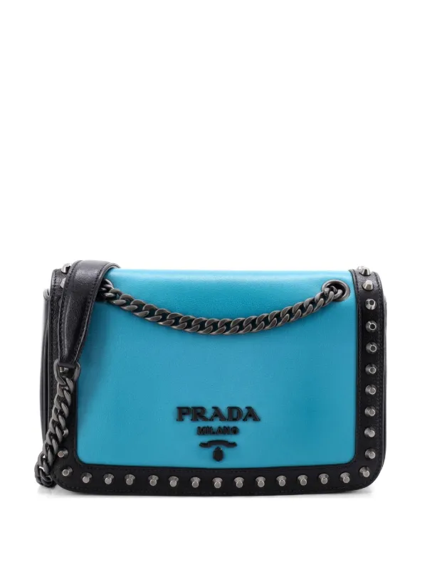 Prada Pre-owned Chain Flap Bag Studded Glace Calf Small Crossbody Bag in Black