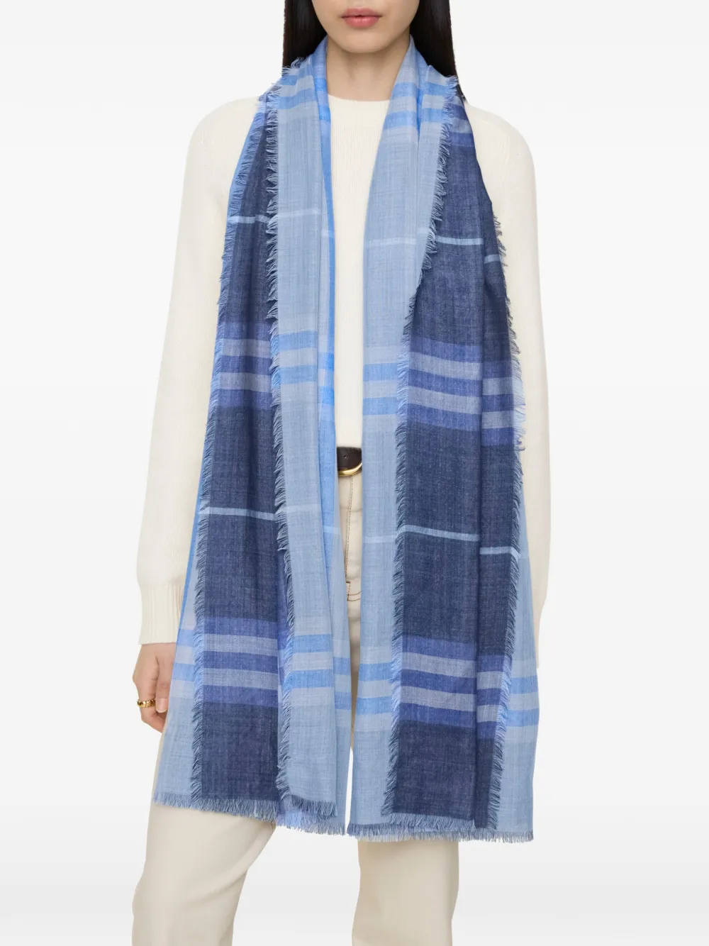  Burberry Reversible Check Wool Silk Scarf - Blue 