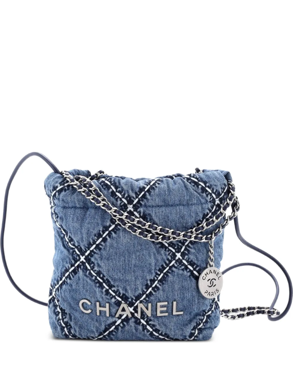 CHANEL Pre-Owned 22 Chain Quilted Stitched Denim Mini hobo bag - Blu