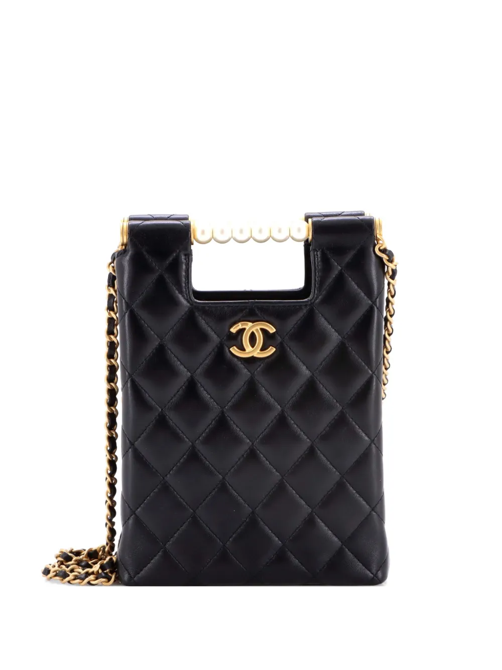 CHANEL Pre-Owned Chain Around Cut Out Handle Evening Quilted Lambskin with Pearls Mini tote bag - Nero