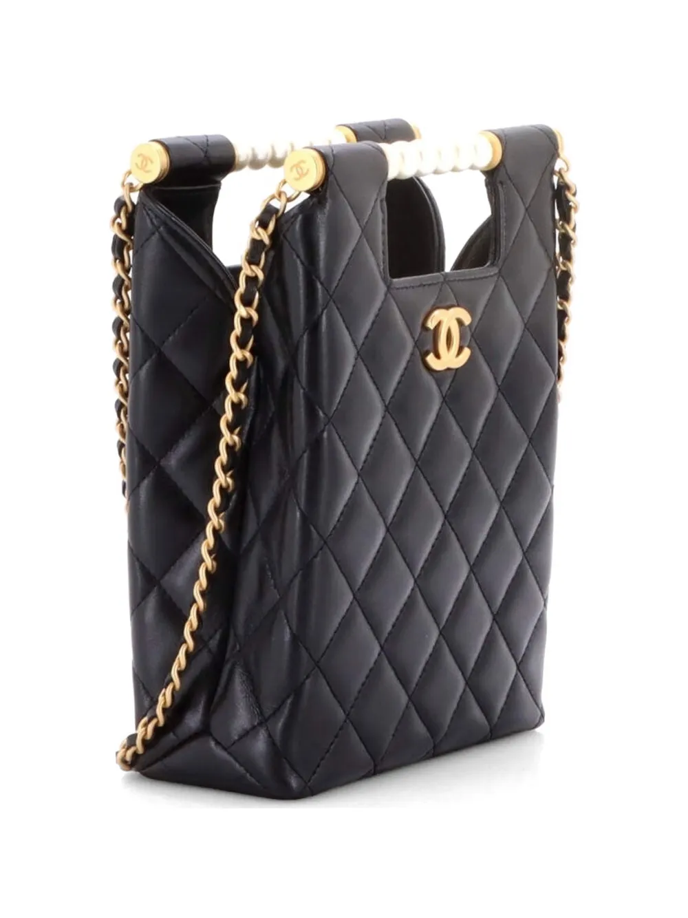  Chanel Pre-owned Chain Around Cut Out Handle Evening Quilted Lambskin With Pearls Mini Tote Bag - Black 