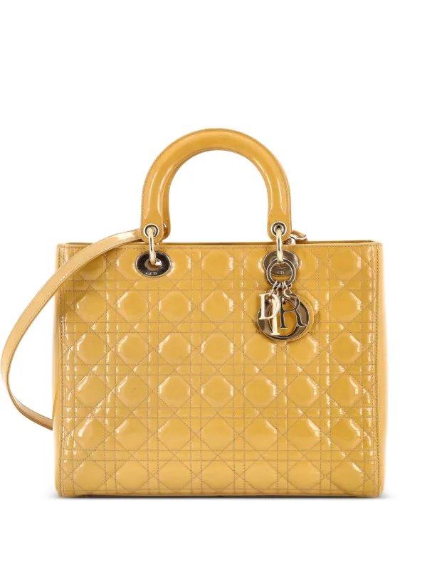 Dior Pre-owned Lady Dior Bag Cannage Quilt Patent Medium Satchel in Yellow