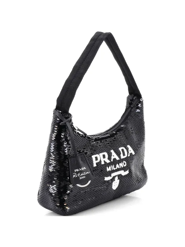 【値下げ！！】PRADA Re-Edition 2000 ブラック キーホルダー Prada Pre-Owned Re-Edition 2000 Sequins Mini Hobo Bag | Black