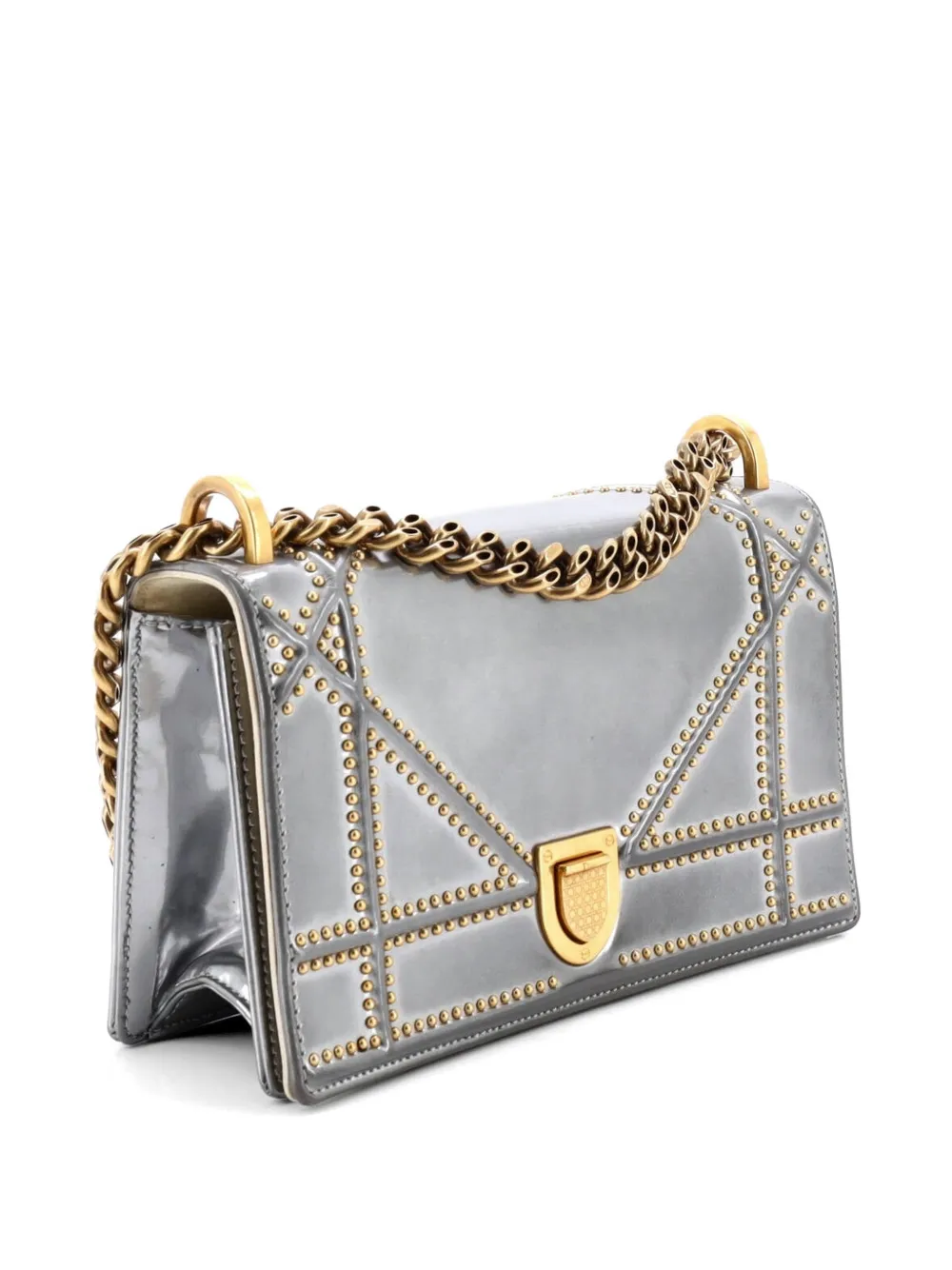  Christian Dior Pre-owned Borsa A Tracolla Diorama Piccola In Pelle Verniciata Con Battente E Borchie - Argento 