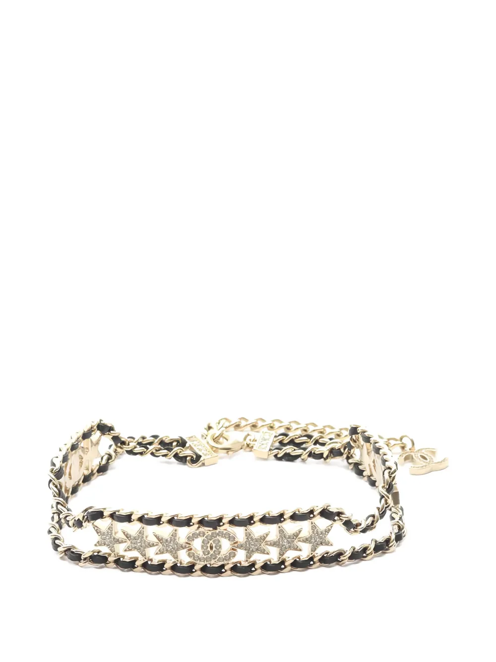 Pre-owned Chanel 1986-1988s Cc Crystal Star Leather Choker Necklace In Gold