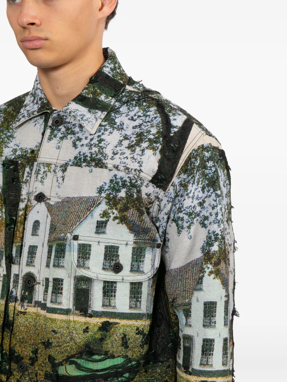 Junya Watanabe MAN Shirtjack met knoopsluiting en landschapspatroon Veelkleurig