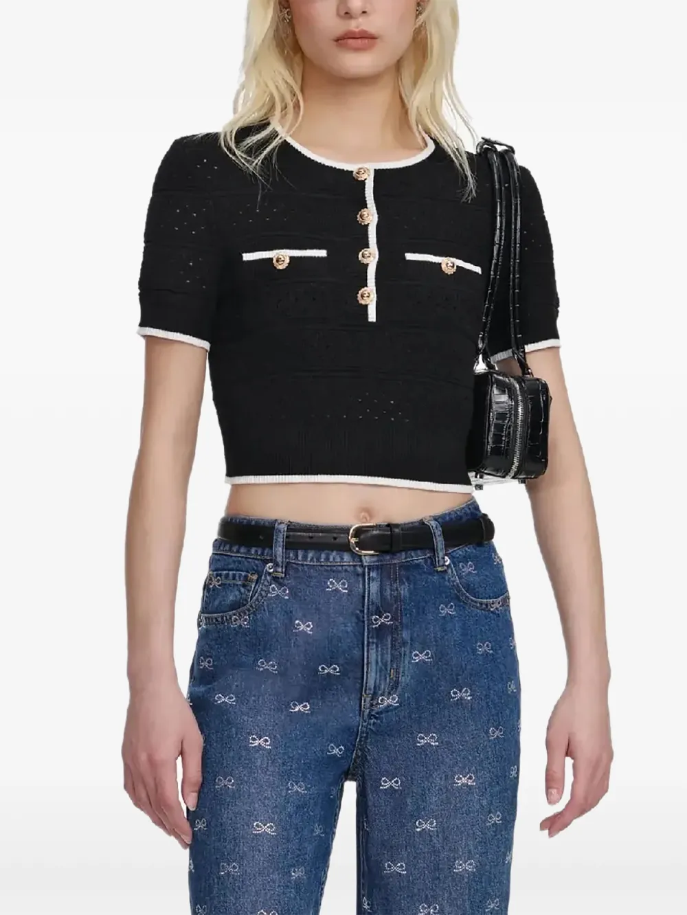 Self-Portrait button trimmed knitted top - Nero