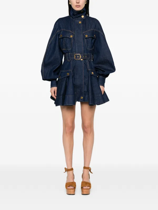 denim belted dresses Denim Flared Belted Midi Dress