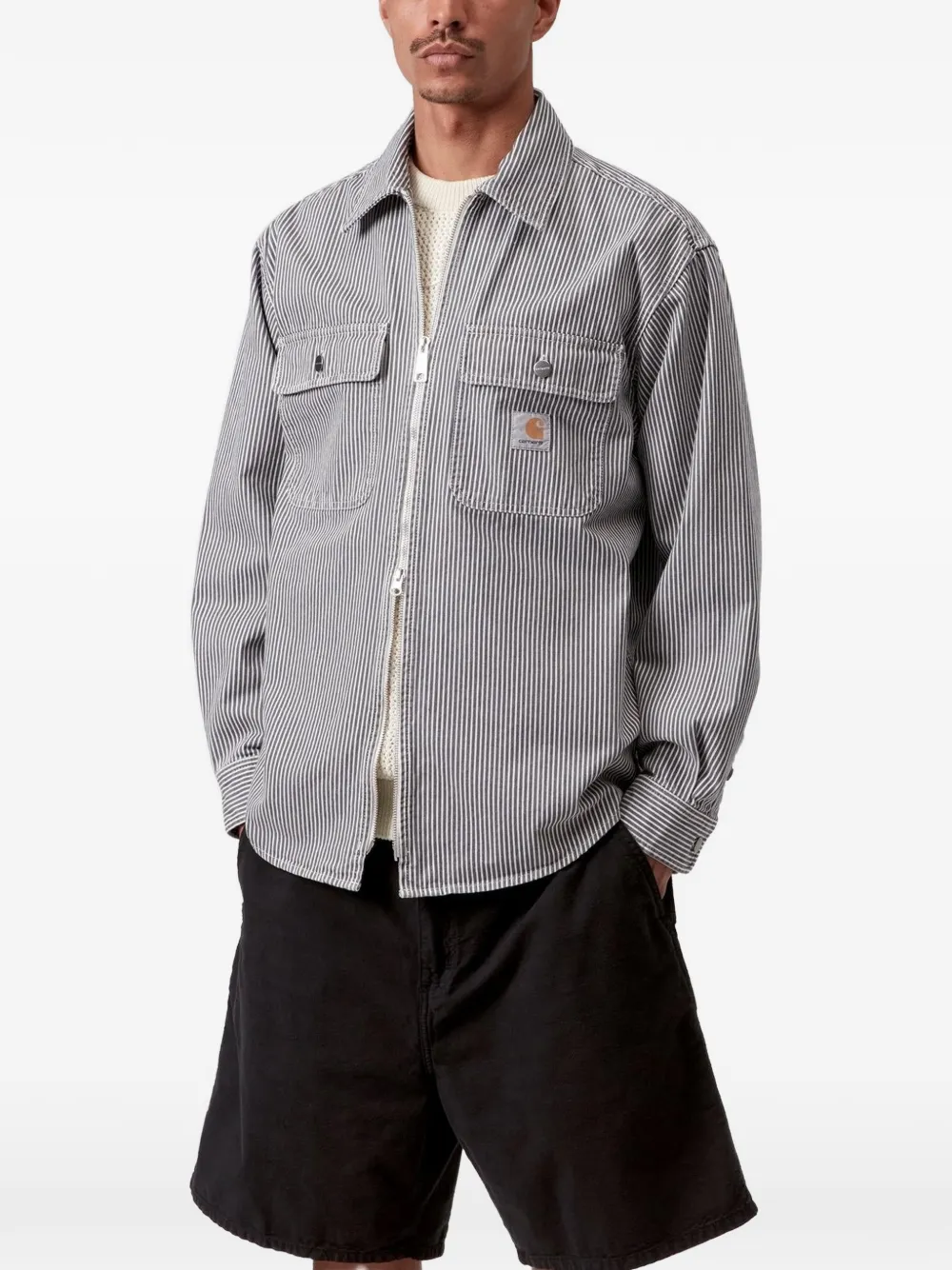 Carhartt WIP Mercer gestreept shirtjack met klepzak Zwart