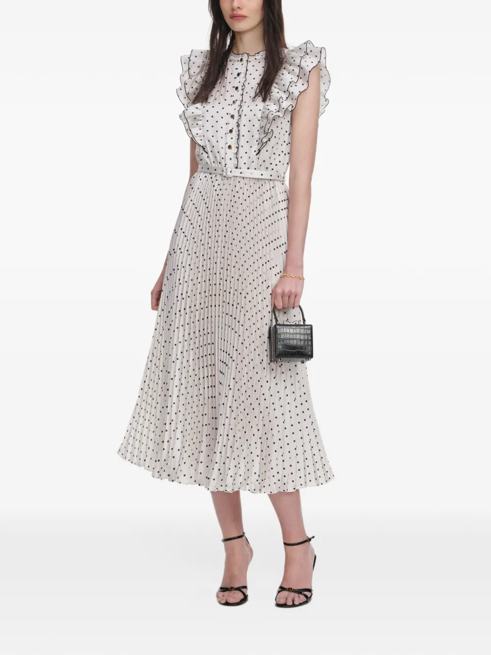 Self-Portrait Midi-jurk met stippen en ruches Beige