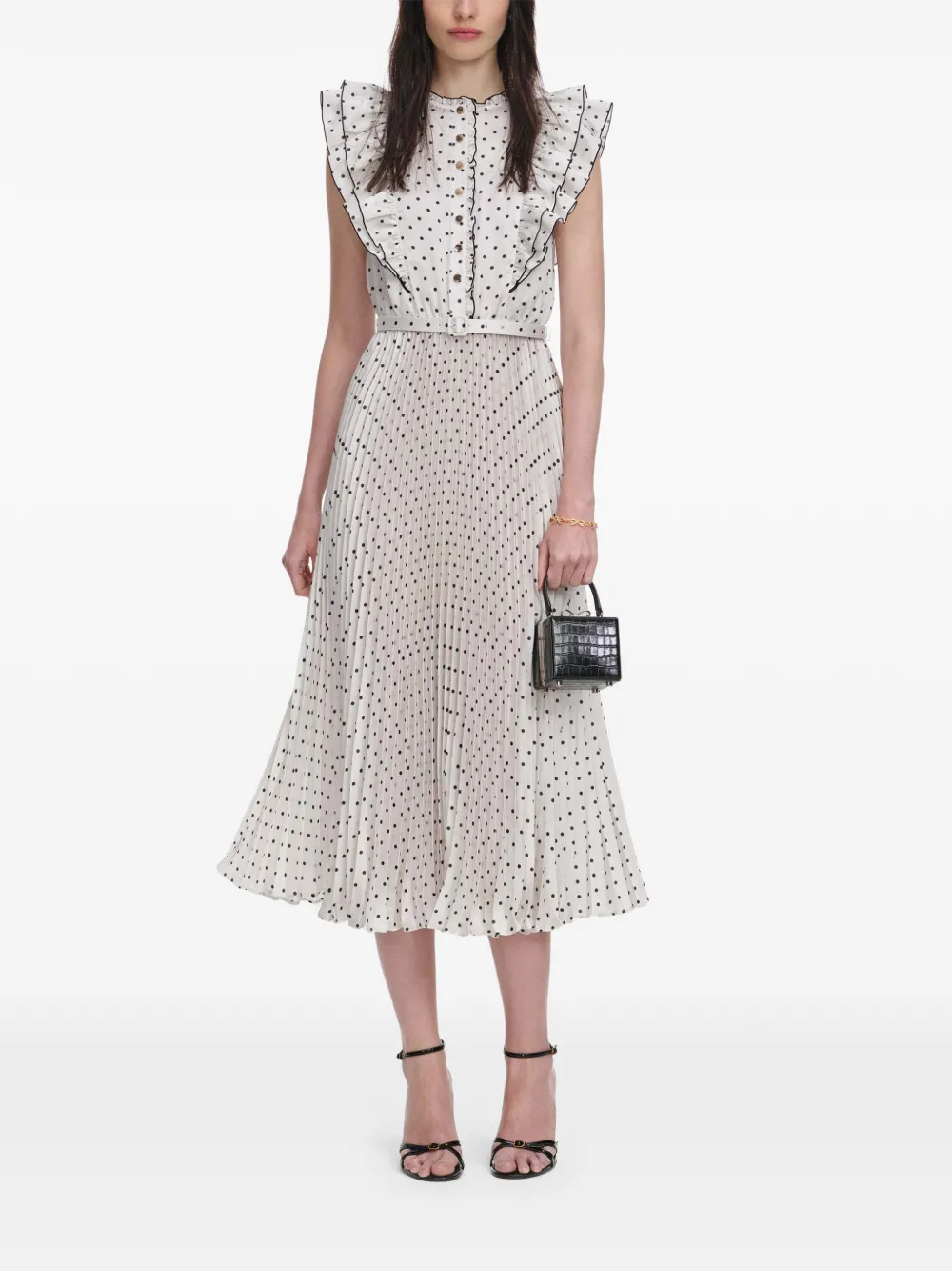 Self-Portrait Midi-jurk met stippen en ruches Beige