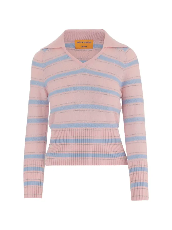 Guest In Residence Port V-neck Striped Sweater in Pink
