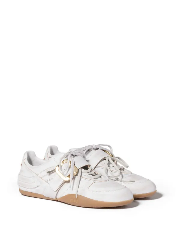 Miu Miu Gymnasium Leather Sneakers With Strap And Buckle | White